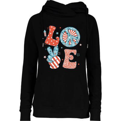 Funny Peace Love America Us Flag Retro Groovy 4th Of July Womens Funnel Neck Pullover Hood