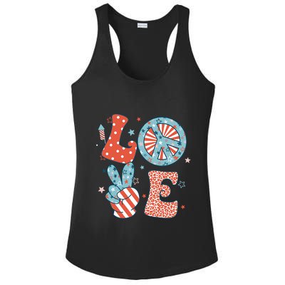 Funny Peace Love America Us Flag Retro Groovy 4th Of July Ladies PosiCharge Competitor Racerback Tank