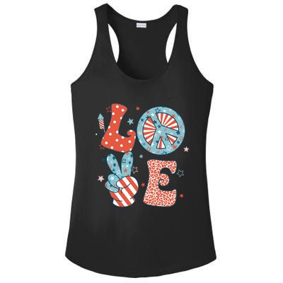 Funny Peace Love America Us Flag Retro Groovy 4th Of July Ladies PosiCharge Competitor Racerback Tank