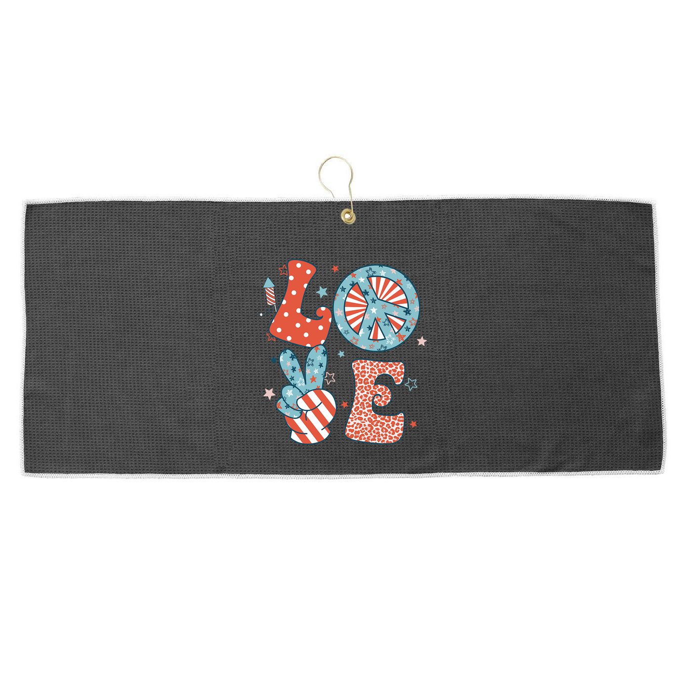 Funny Peace Love America Us Flag Retro Groovy 4th Of July Large Microfiber Waffle Golf Towel