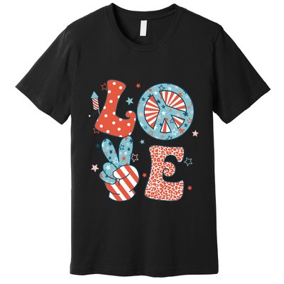 Funny Peace Love America Us Flag Retro Groovy 4th Of July Premium T-Shirt