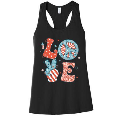 Funny Peace Love America Us Flag Retro Groovy 4th Of July Women's Racerback Tank