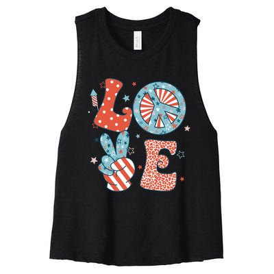 Funny Peace Love America Us Flag Retro Groovy 4th Of July Women's Racerback Cropped Tank