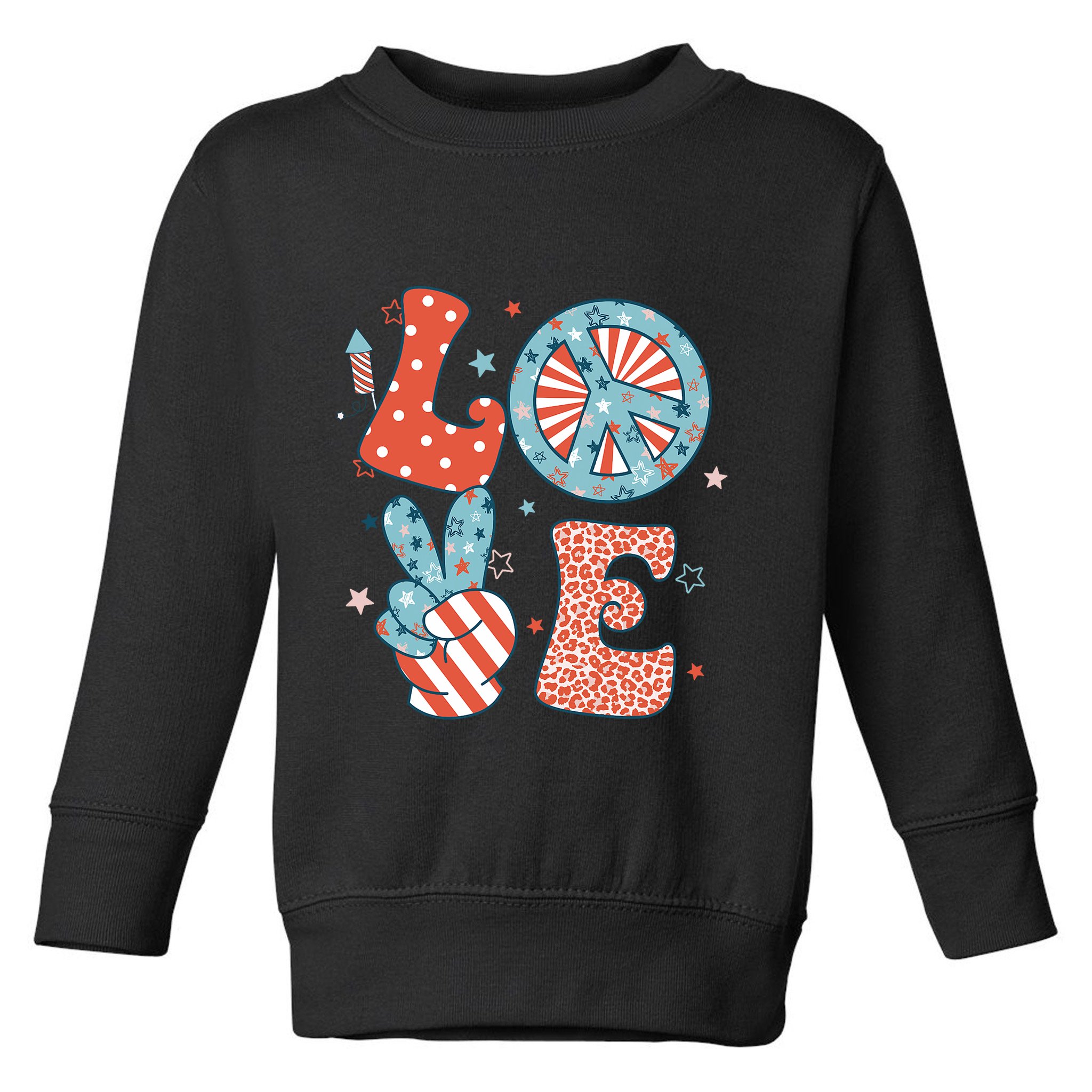 Funny Peace Love America Us Flag Retro Groovy 4th Of July Toddler Sweatshirt
