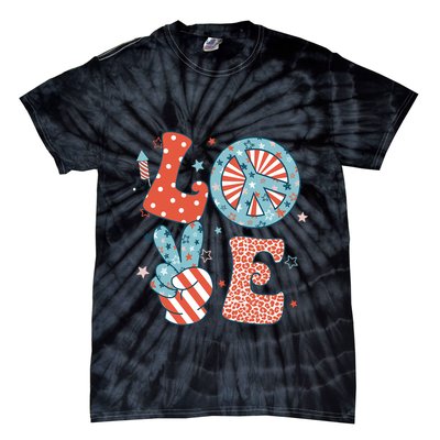 Funny Peace Love America Us Flag Retro Groovy 4th Of July Tie-Dye T-Shirt