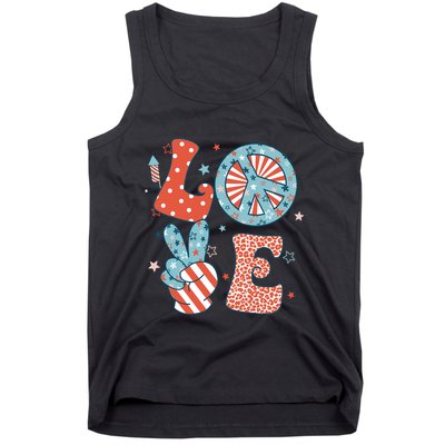 Funny Peace Love America Us Flag Retro Groovy 4th Of July Tank Top