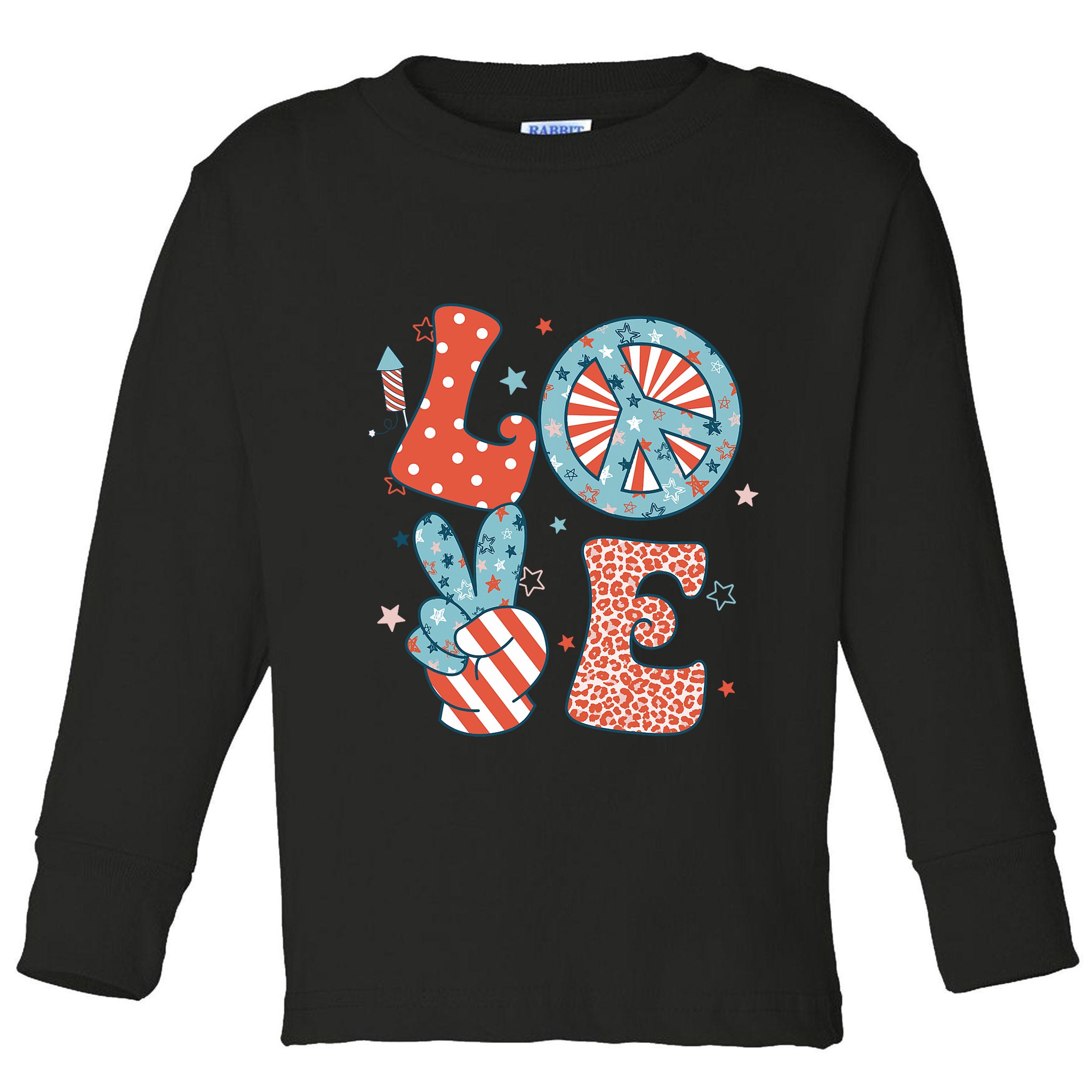 Funny Peace Love America Us Flag Retro Groovy 4th Of July Toddler Long Sleeve Shirt