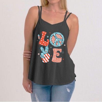 Funny Peace Love America Us Flag Retro Groovy 4th Of July Women's Strappy Tank