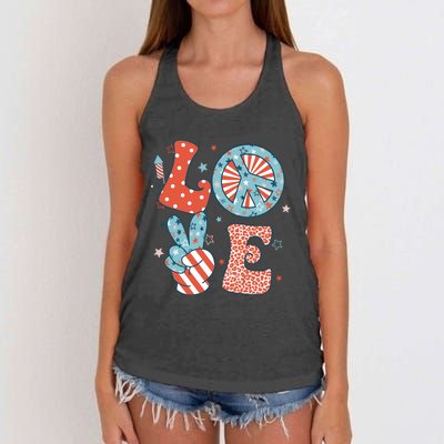 Funny Peace Love America Us Flag Retro Groovy 4th Of July Women's Knotted Racerback Tank