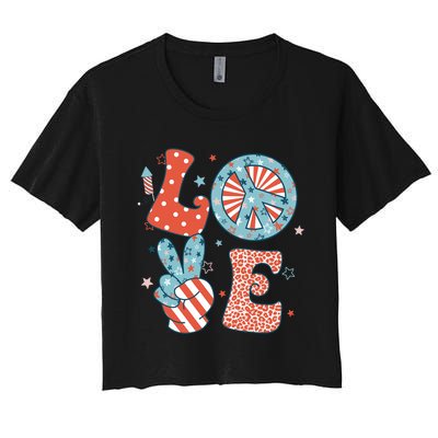 Funny Peace Love America Us Flag Retro Groovy 4th Of July Women's Crop Top Tee