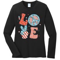 Funny Peace Love America Us Flag Retro Groovy 4th Of July Ladies Long Sleeve Shirt