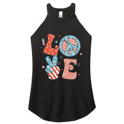 Funny Peace Love America Us Flag Retro Groovy 4th Of July Women's Perfect Tri Rocker Tank