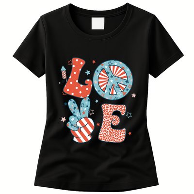 Funny Peace Love America Us Flag Retro Groovy 4th Of July Womens T-Shirt