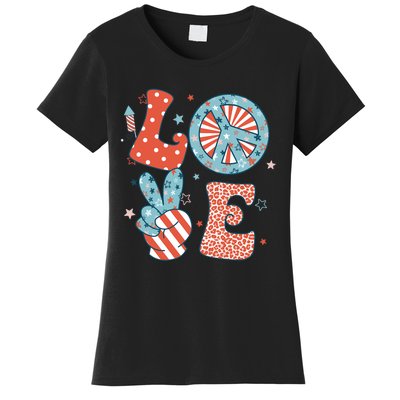 Funny Peace Love America Us Flag Retro Groovy 4th Of July Women's T-Shirt