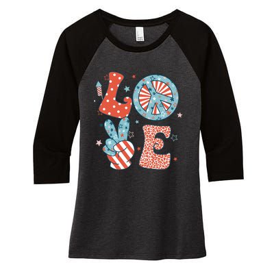 Funny Peace Love America Us Flag Retro Groovy 4th Of July Women's Tri-Blend 3/4-Sleeve Raglan Shirt