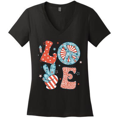 Funny Peace Love America Us Flag Retro Groovy 4th Of July Women's V-Neck T-Shirt