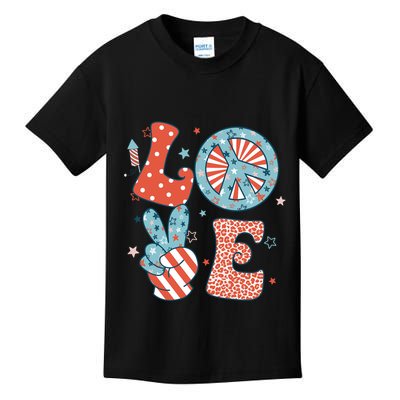 Funny Peace Love America Us Flag Retro Groovy 4th Of July Kids T-Shirt