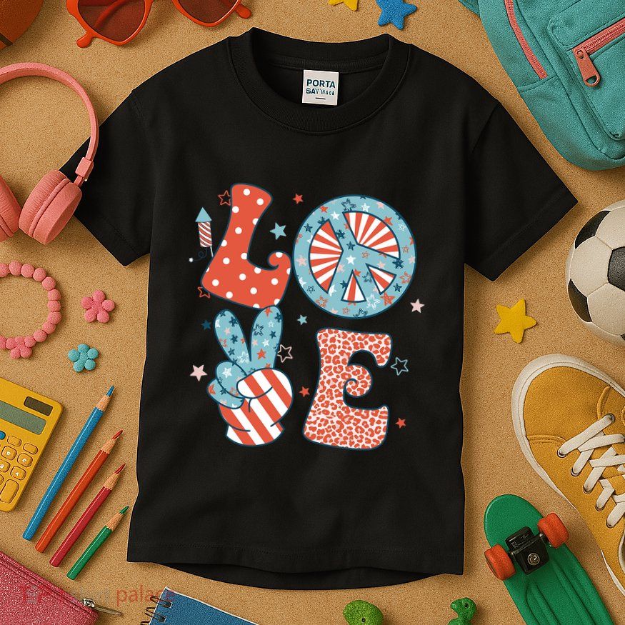 Funny Peace Love America Us Flag Retro Groovy 4th Of July Kids T-Shirt