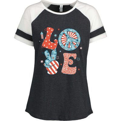 Funny Peace Love America Us Flag Retro Groovy 4th Of July Enza Ladies Jersey Colorblock Tee