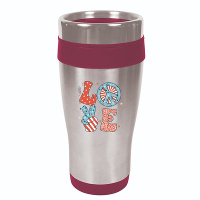 Funny Peace Love America Us Flag Retro Groovy 4th Of July 16oz Travel Tumbler
