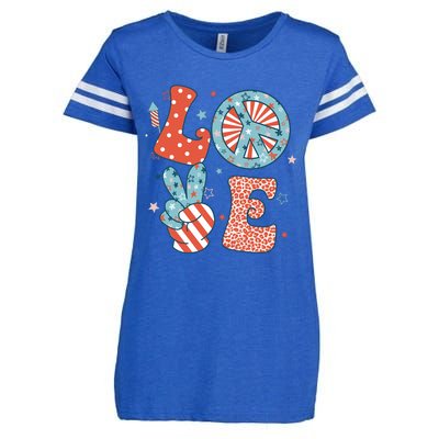 Funny Peace Love America Us Flag Retro Groovy 4th Of July Enza Ladies Jersey Football T-Shirt