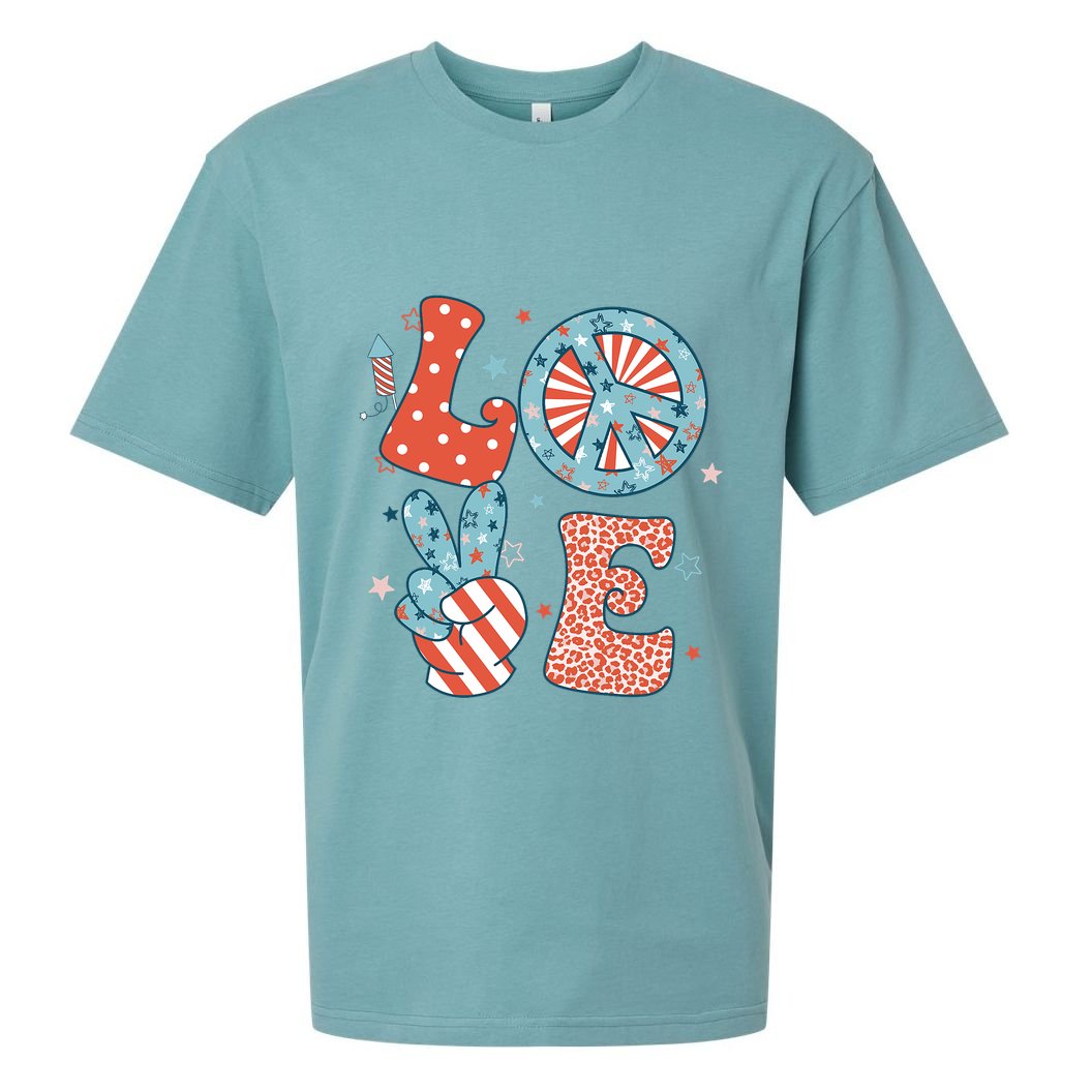Funny Peace Love America Us Flag Retro Groovy 4th Of July Sueded Cloud Jersey T-Shirt