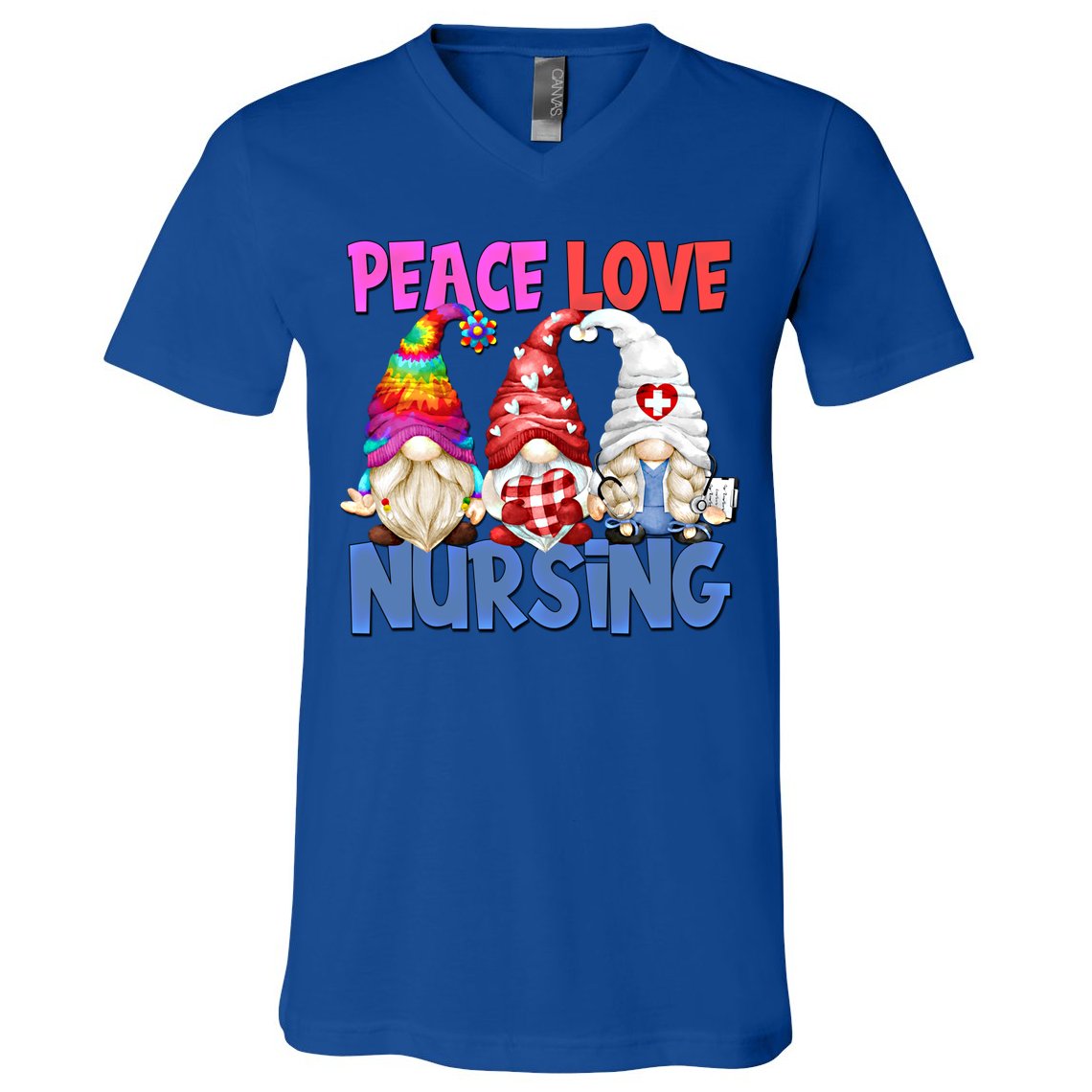 Funny Peace Love Nursing Gnome And Certified Nurse Gift V-Neck T-Shirt