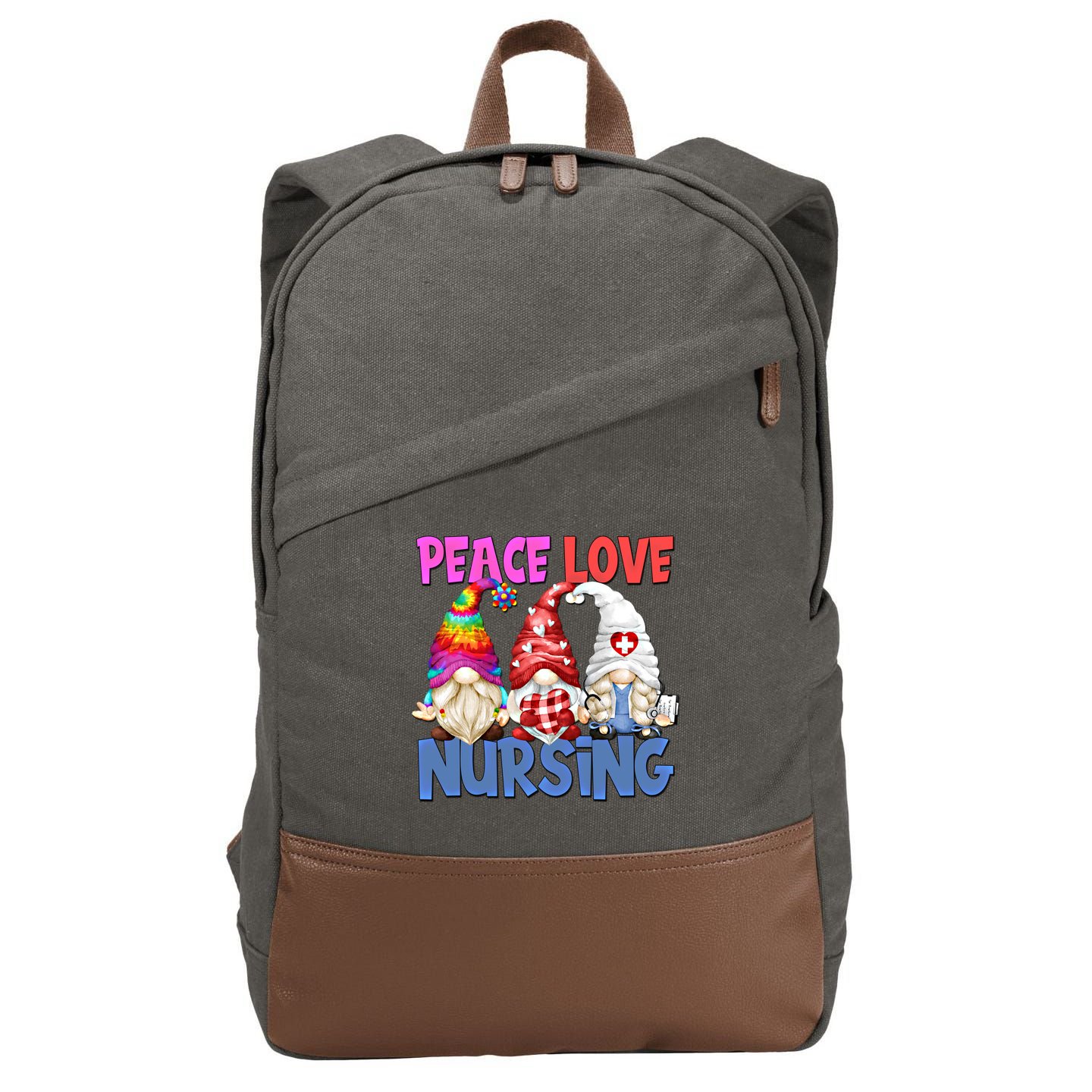 Funny Peace Love Nursing Gnome And Certified Nurse Gift Cotton Canvas Backpack