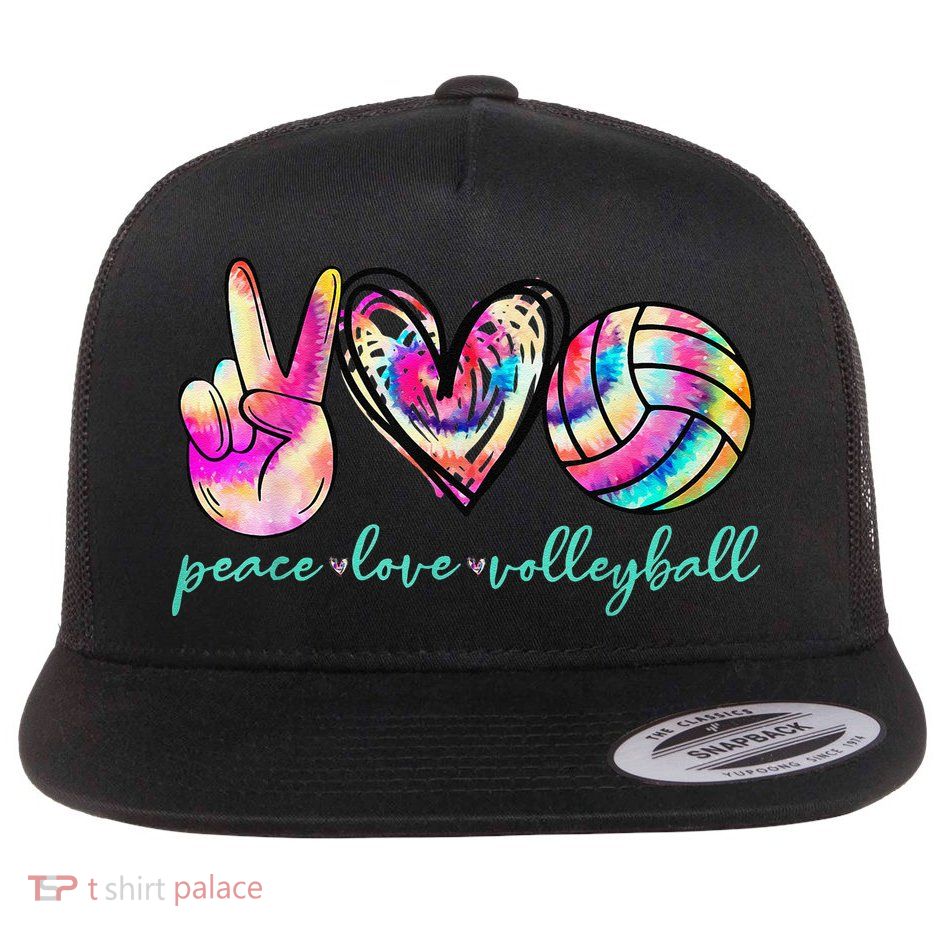 funny Peace Love Volleyball Player Tie Dye Style Flat Bill Trucker Hat