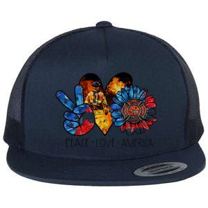 Funny Peace Love America Fire Gift Flat Bill Trucker Hat