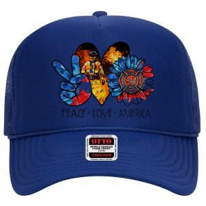 Funny Peace Love America Fire Gift High Crown Mesh Back Trucker Hat