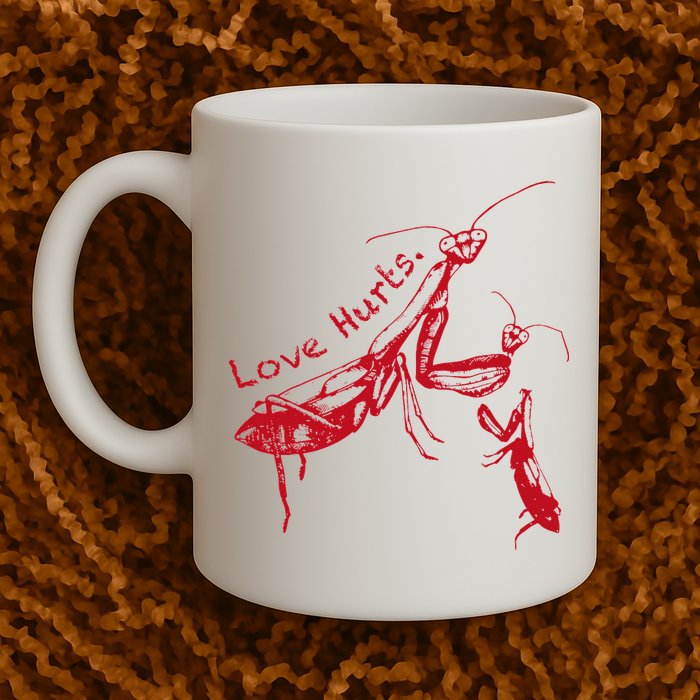 Funny Praying Mantis Retro Love Hurts Graphic Mug