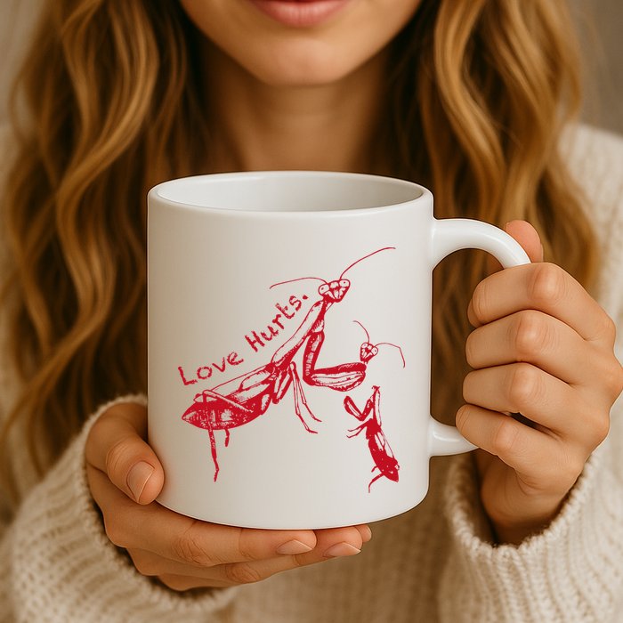 Funny Praying Mantis Retro Love Hurts Graphic Mug