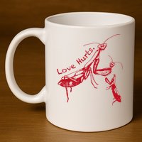 Funny Praying Mantis Retro Love Hurts Graphic 11oz C Handle Ceramic Mug
