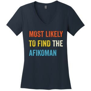 Funny Passover Most Likely To Find The Afikoman Matzah Matzo Women's V-Neck T-Shirt