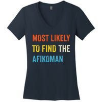 Funny Passover Most Likely To Find The Afikoman Matzah Matzo Women's V-Neck T-Shirt