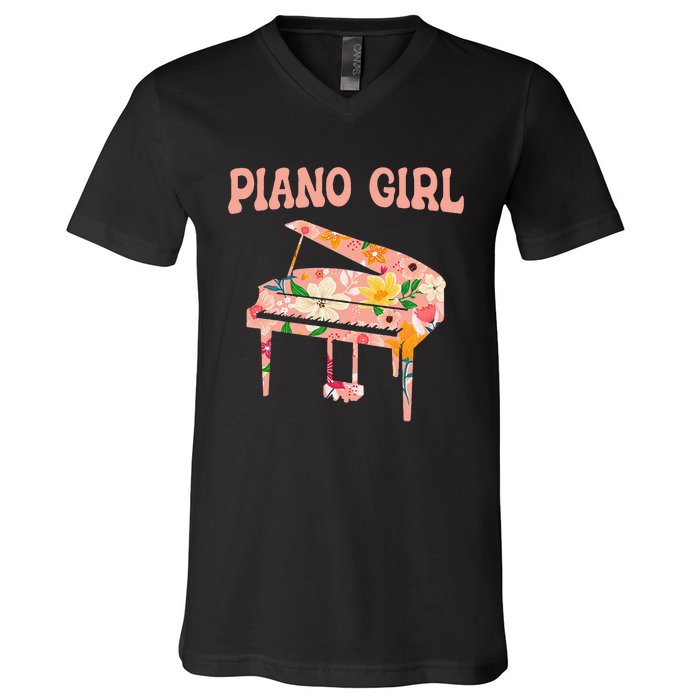 Funny Piano Music Instrument Musician Piano Girl V-Neck T-Shirt