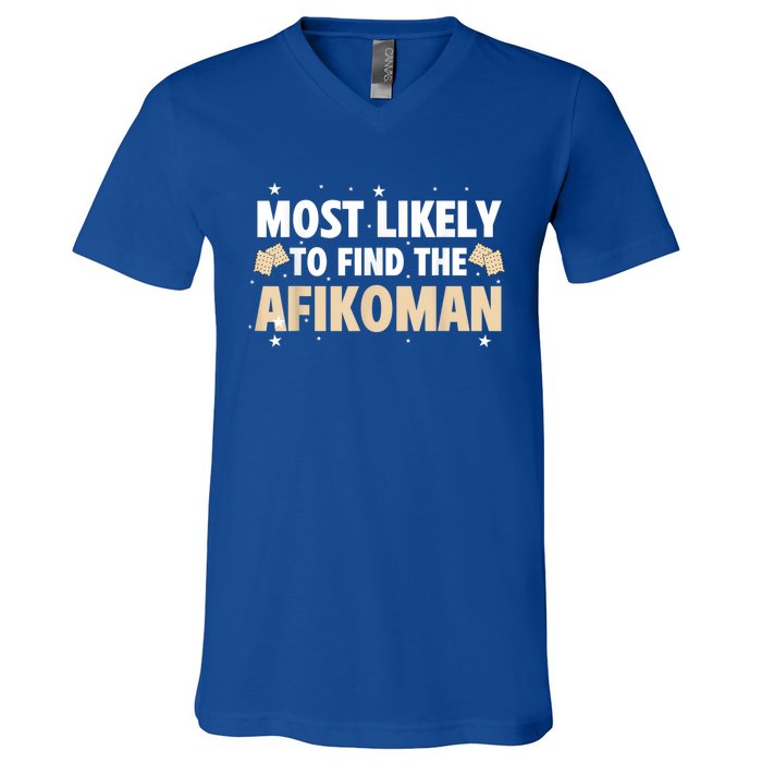 Funny Passover Most Likely To Find The Afikoman Matzah Matzo V-Neck T-Shirt