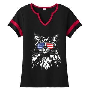 Funny Proud Maine Coon American Flag Cat Ladies Halftime Notch Neck Tee