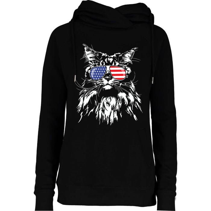 Funny Proud Maine Coon American Flag Cat Womens Funnel Neck Pullover Hood