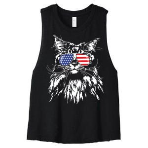 Funny Proud Maine Coon American Flag Cat Women's Racerback Cropped Tank