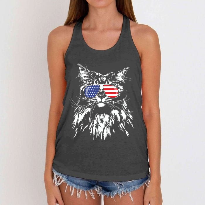 Funny Proud Maine Coon American Flag Cat Women's Knotted Racerback Tank