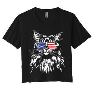 Funny Proud Maine Coon American Flag Cat Women's Crop Top Tee