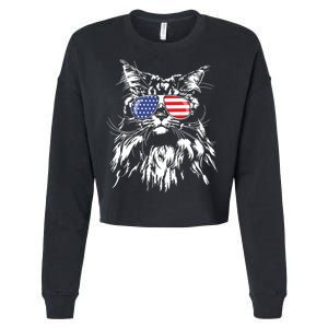 Funny Proud Maine Coon American Flag Cat Cropped Pullover Crew