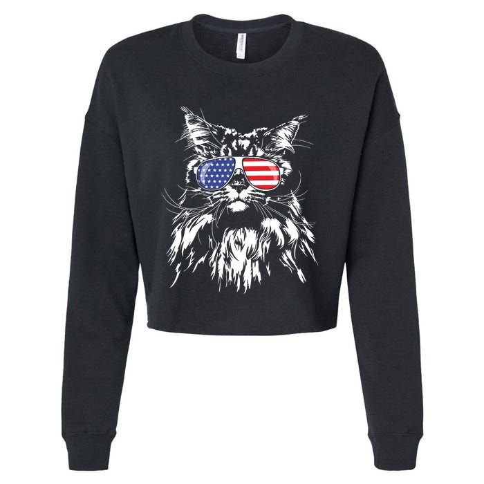 Funny Proud Maine Coon American Flag Cat Cropped Pullover Crew