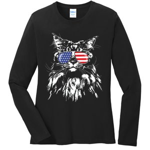 Funny Proud Maine Coon American Flag Cat Ladies Long Sleeve Shirt