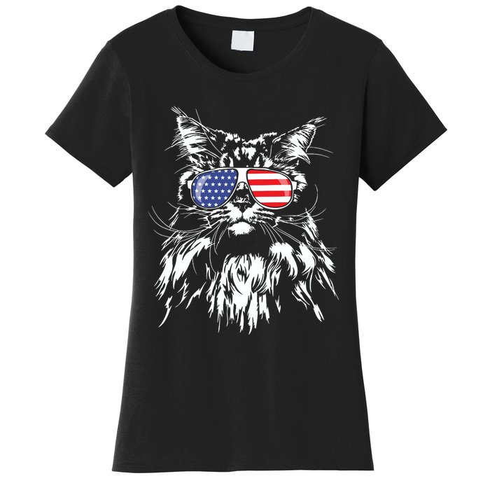 Funny Proud Maine Coon American Flag Cat Women's T-Shirt