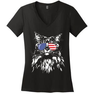 Funny Proud Maine Coon American Flag Cat Women's V-Neck T-Shirt