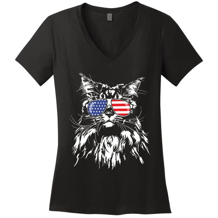 Funny Proud Maine Coon American Flag Cat Women's V-Neck T-Shirt