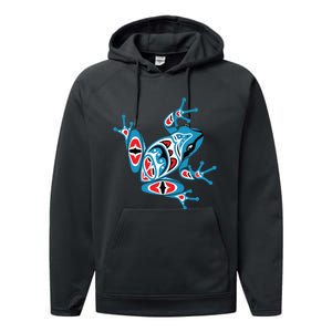 Frog Pacific Northwest Native American Indian Style Blue Red Performance Fleece Hoodie